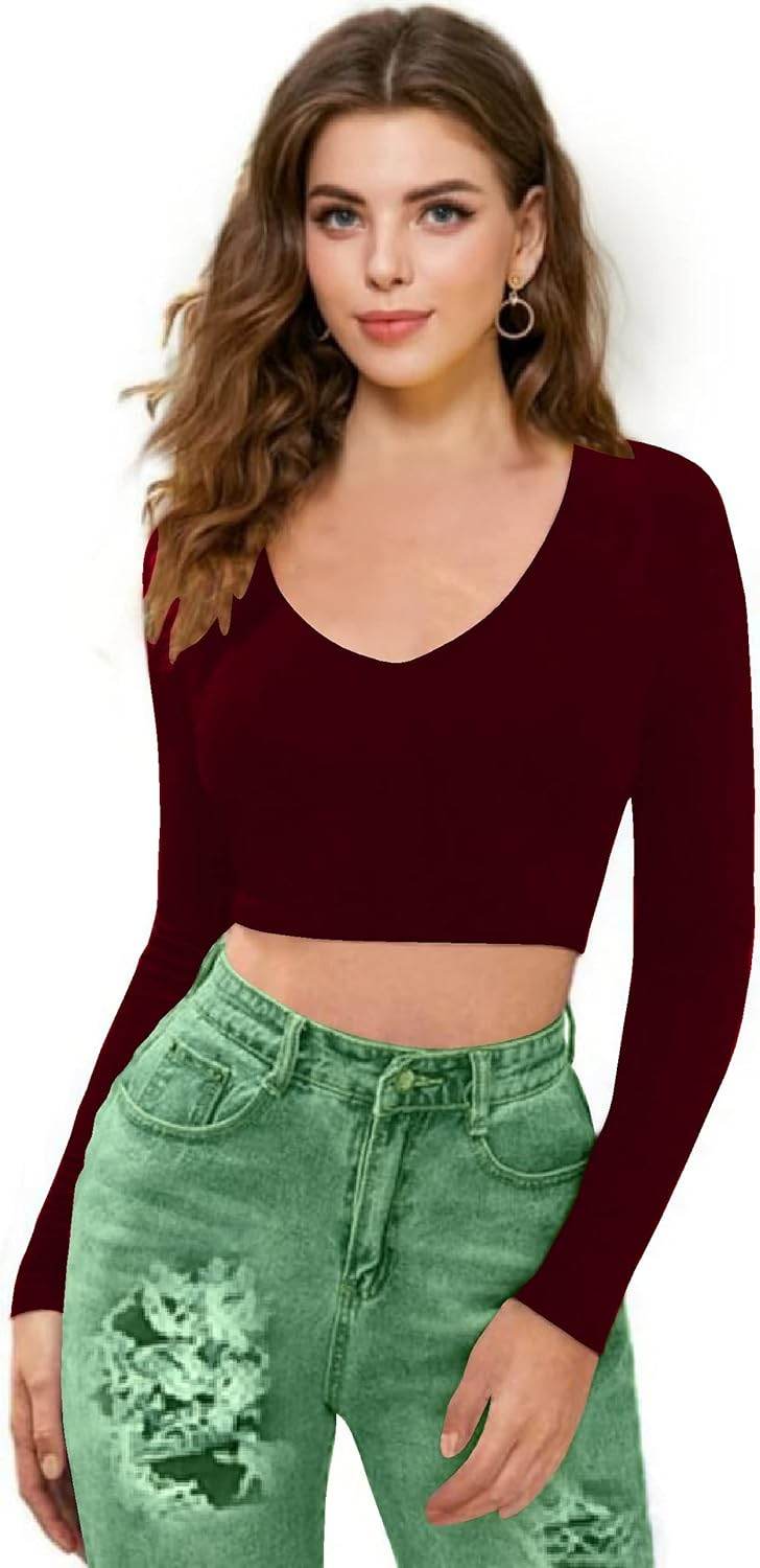 Women V-Neck Maroon Crop Top - MYLUXURY LANE ENTERPRISE